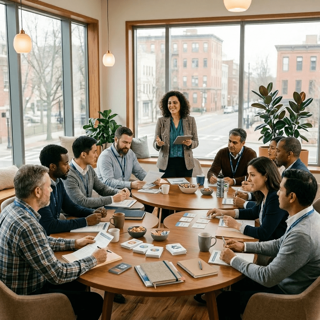 Facilitator leading intercultural competence training with diverse participants around a conference table
